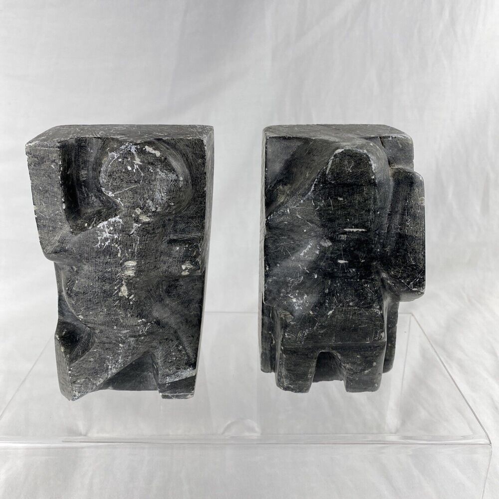 Vintage Mid Century Carved Black Stone People Bookends Sculpture Figurine Signed